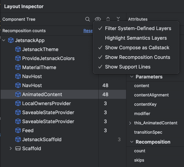 Enable the composition and skip counter in Layout
Inspector